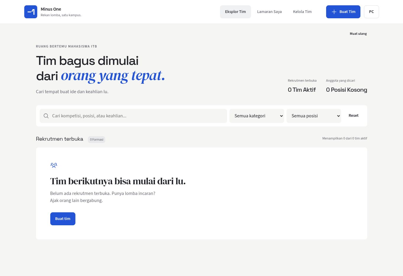 Tangkapan layar Eksplor Tim di minSatu, tanpa data akun